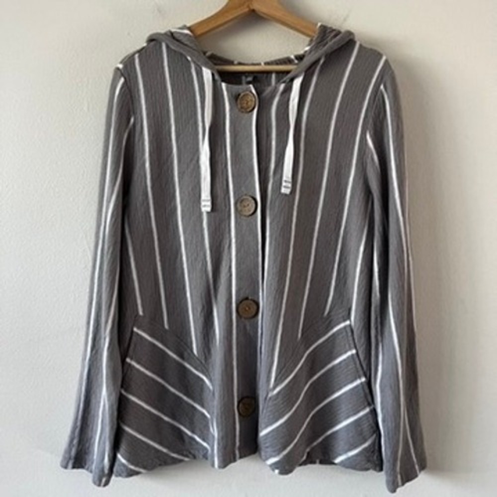 Habitat French Terry Stripe Hoodie Cotton Button‎ Front Sweatshirt size large - Picture 10 of 14